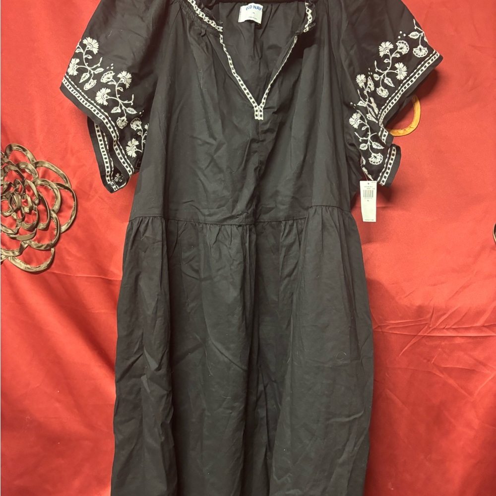 Old Navy Black Midi Dress with White Floral Embroidery